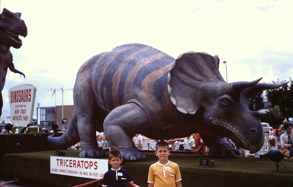 Sincalair Dinoland on exhibitin 1965 at Southdale Mall in Edina, Minnesota, where Andy and Doug Ward were photographed by their father David in front of Triceratops. Photo courtesy Doug Ward.