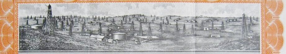 Derricks pictured on an old oil exploration company stock certificate.