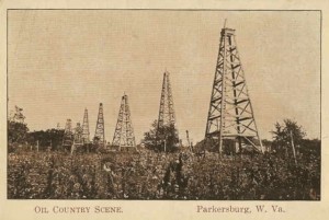 oil history 1869 post card of West Virginia oil derricks