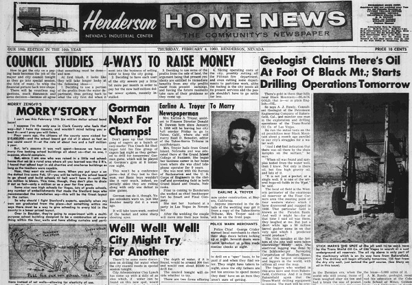 Henderson, Nevada, Henderson newspaper headlines about oil wells nearby.