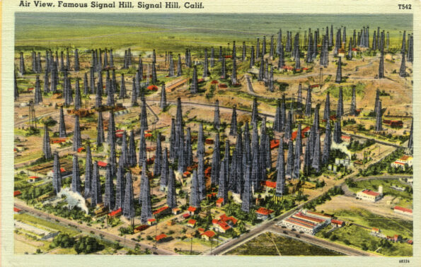 Air view postcard of Signal Hill, which had so many derricks people called it Porcupine Hill.