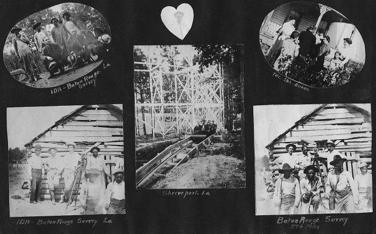 Undated images from Baton Rouge, Louisiana, include Albert Jeffreys (in heart) and his surveying co-workers along with an "Ida Bunch" family photo and riding a roller coaster in Shreveport.