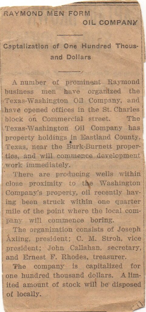 A circa 1920 newspaper clipping about Texas-Washington Oil Company.