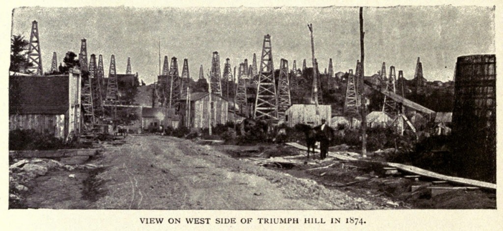 "View of the west side of Triumph Hill in 1874," an image of wooden derricks  from the 1903 edition of "Sketches in Crude-Oil."