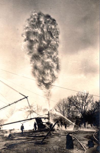 Natural gas well fire blazes in 1906 in southern Kansas.
