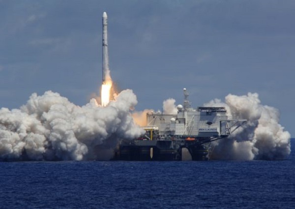 Offshore Rocket Launcher rocket blasts off from modified oil rig.