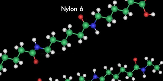 Illustration of Nylon, carbon, hydrogen and oxygen atoms strung in a chain.