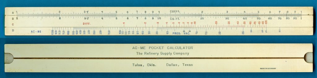 Refinery Supply Company old slide rule close-up.