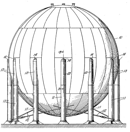Patent drawing of a Hortonsphere and its support pylons.