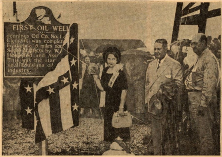 The widow of Louisiana's oil discoverer, the late W. Scott Heywood," unveiled an historical marker in 1961.
