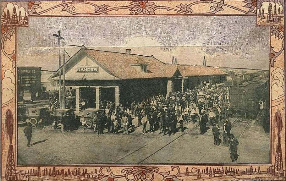 A circa 1920 postcard shows Texas and Pacific Railroad depot, home of the Roaring Ranger Museum.