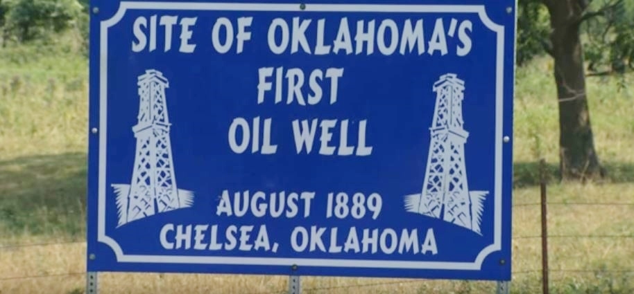 Marker at 1889 oil in Indian Territory Oklahoma town of Chelsea.