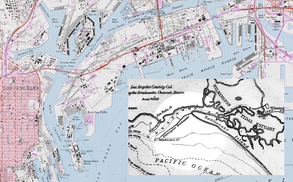 Map showing Dead Man's Island and Rattlesnake Island, both now part of the largely artificial Terminal Island.