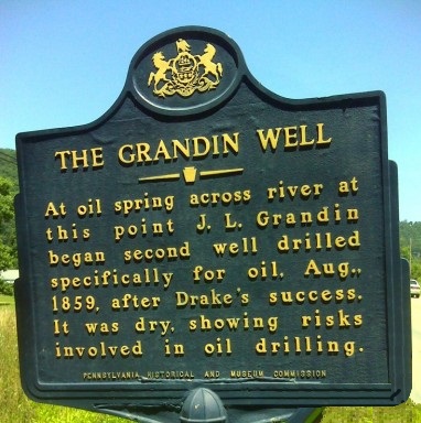 Historic marker for first U.S. oil well "dry hole."