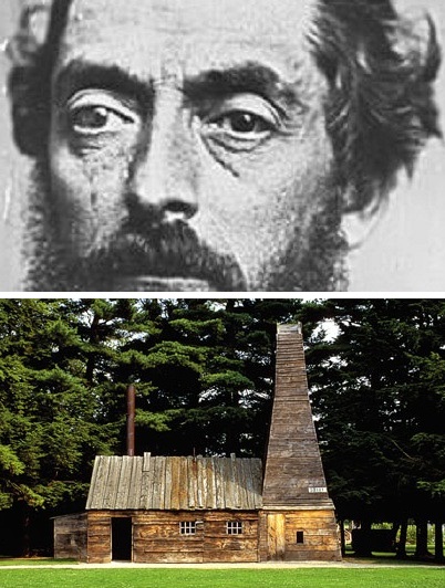 A portrait of Edwin Drake and a replica of his wooden derrick