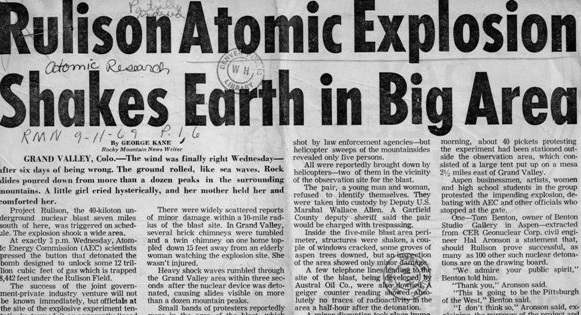 Newspaper headline in 1969 for Rulison atomic explosion test at natural gas well.