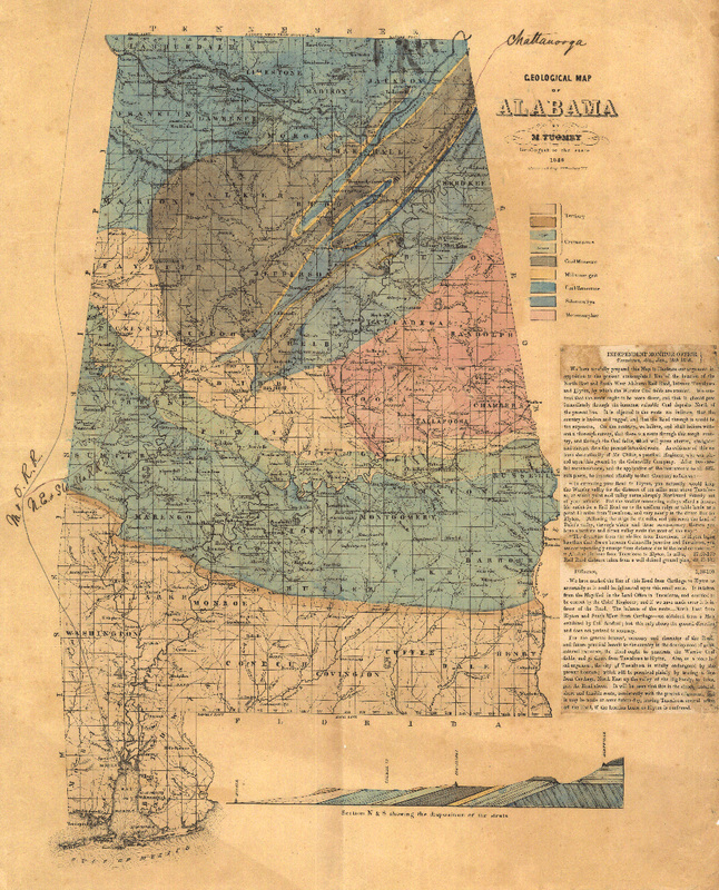 Rare 1849 geology map of Alabama , printed in 1849 by Michael Tuomey.