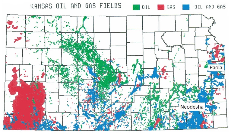Geologic map of oil and gas fields in Kansas.
