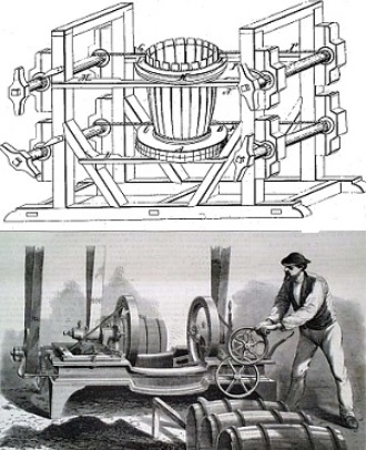 Illustration and photograph of hand-cranked machine for making barrels.