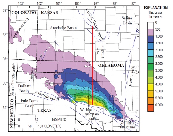 Geologic map of Anadarko Basin in Oklahoma.