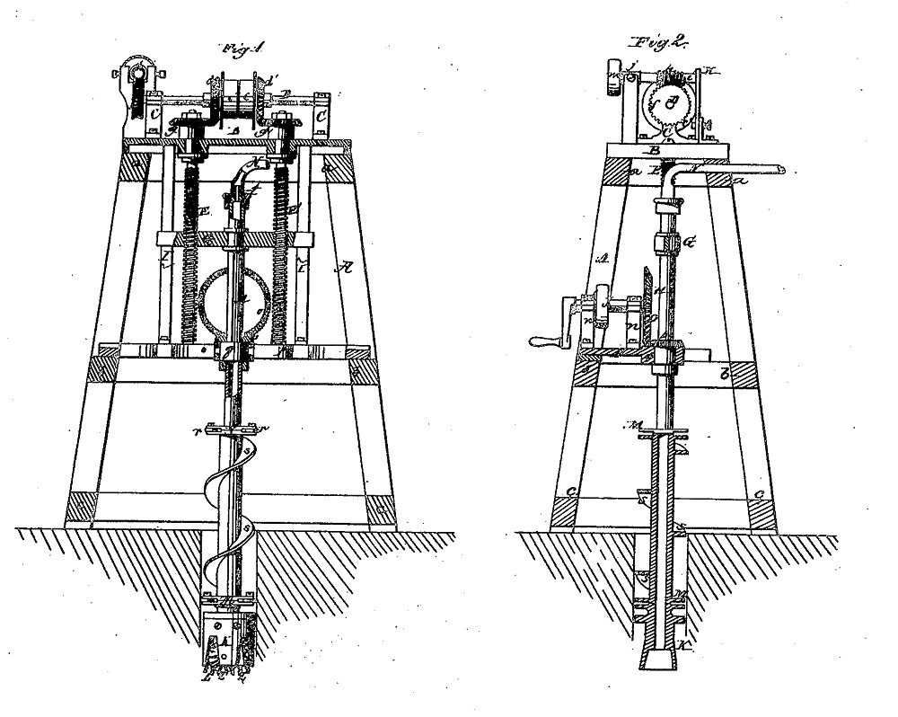 Peter Sweeny 1866 rotary rig patent drawing.