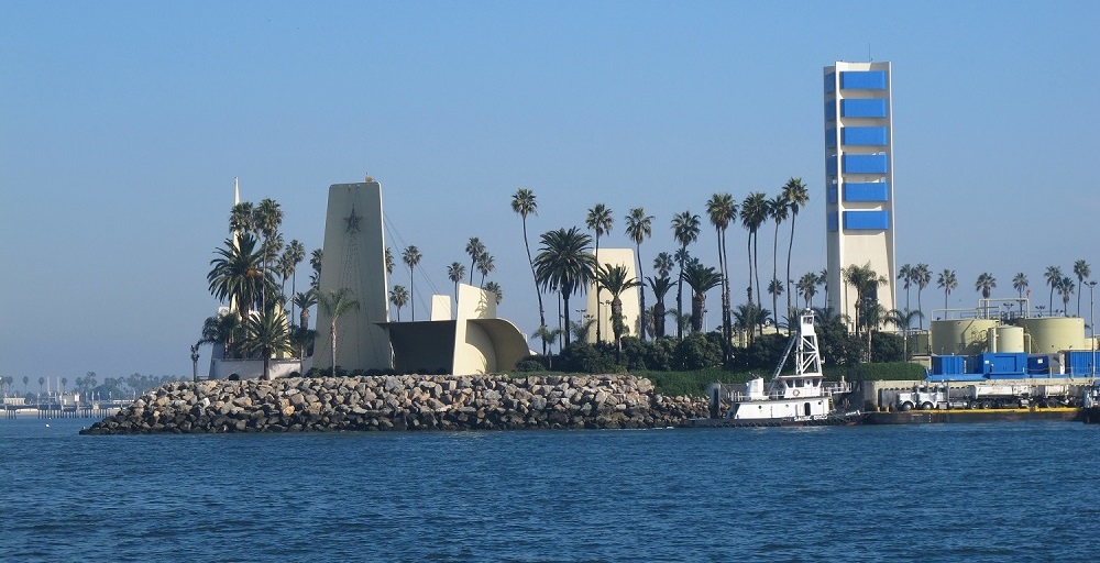 One of the California THUMS islands hidden oil derricks in landscaped setting.