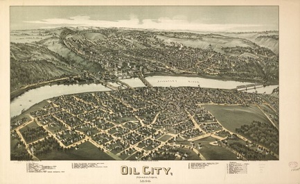 Bird's eye view of Oil City in 1896 by T.M. Fowler.