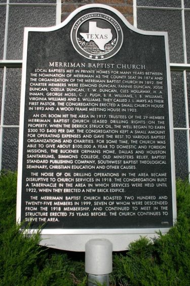 A 1999 Texas State Historical Society marker for Merriman Baptist Church oil royalties.