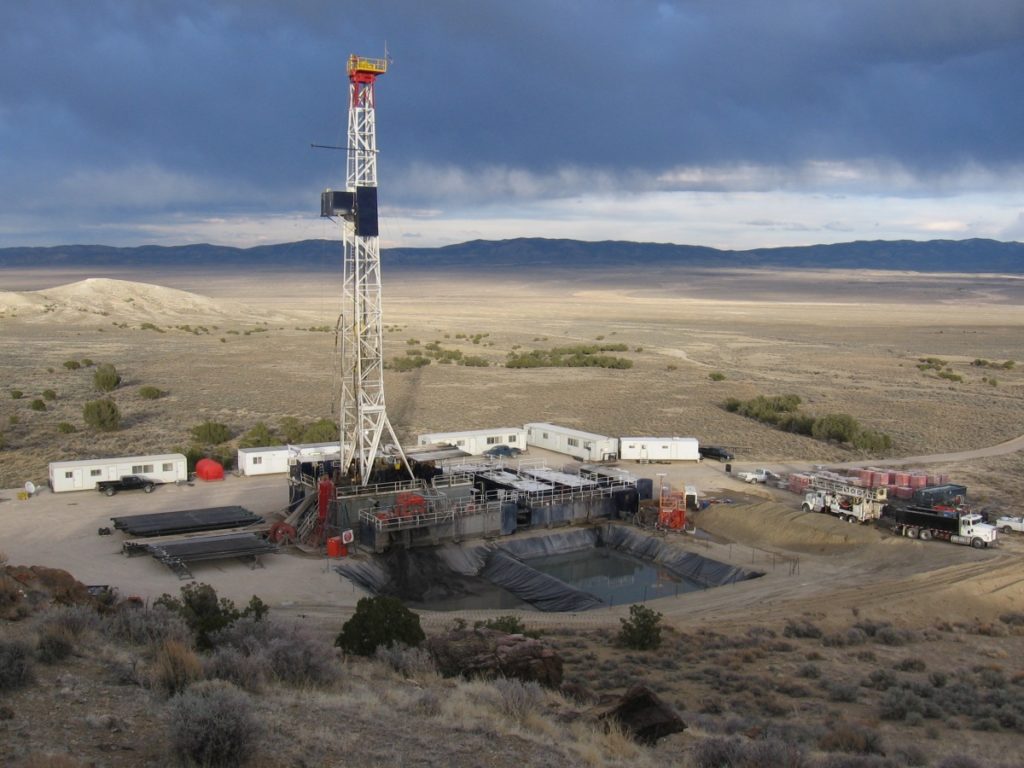 Modern drilling rig on public land in Nevada.