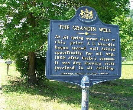 Pennsylvania historical marker for the 1859 Grandin well -- America's second oil well, which was a dry hole.