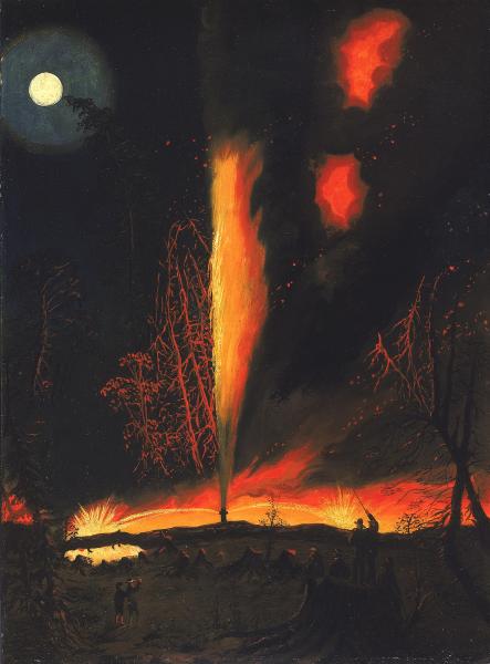 Painting of Rouseville fire of 1861. James Hamilton's Burning Oil Well at Night, near Rouseville, Pennsylvania, Smithsonian American Art Museum