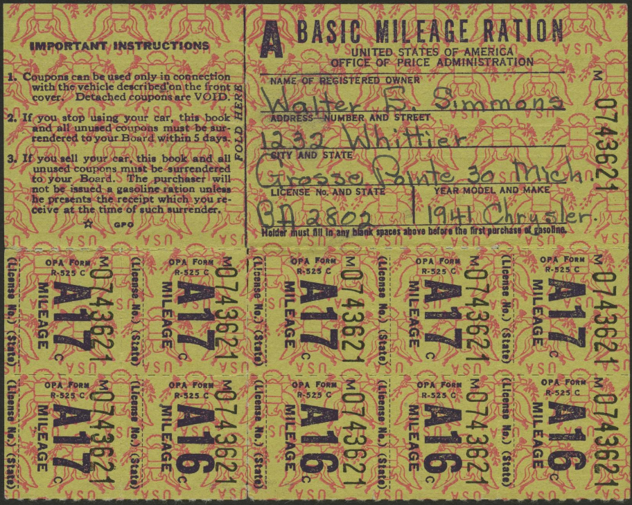 World War II gasoline ration stamps and mileage card.