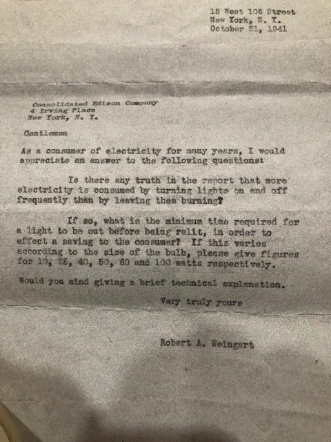New Yorker Robert Weingart 1941 letter to the Con Edison.