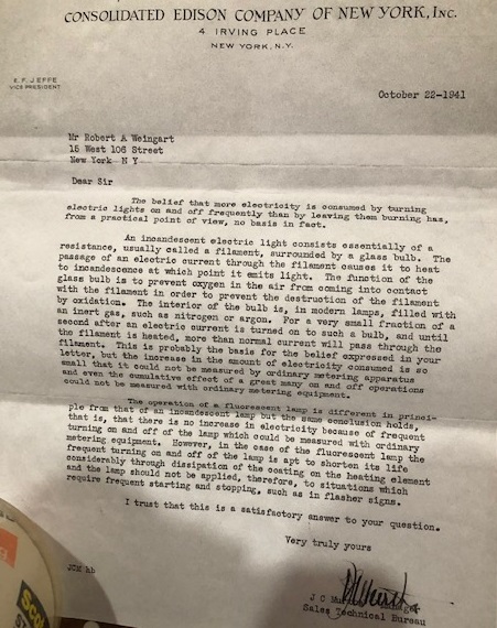 1941 letter to Robert Weingart from Consolidated Edison.