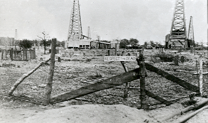 Oil wells at Merriman Merriman Baptist Church circa 1920.