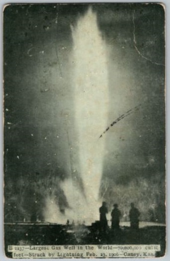 Postcard of 1906 gas well fire in Caney, Kansas.
