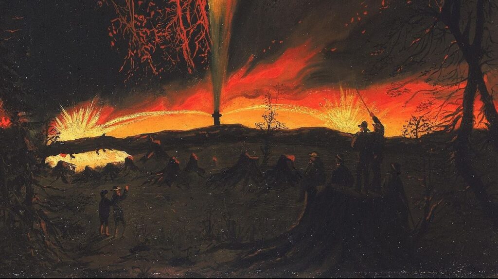 Detail from “Burning Oil Well at Night, near Rouseville, Pennsylvania,” by James Hamilton, circa 1861, at the Smithsonian American Art Museum.