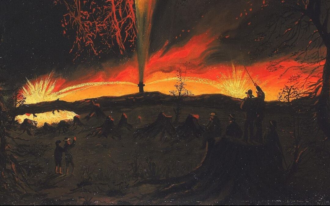 Detail from “Burning Oil Well at Night, near Rouseville, Pennsylvania,” by James Hamilton, circa 1861, at the Smithsonian American Art Museum.
