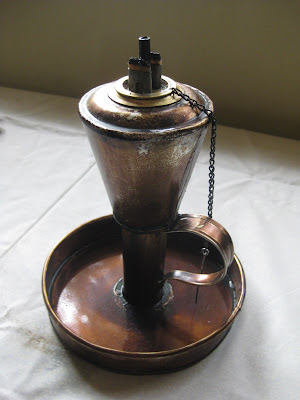 A lard oil lamp based upon a burner patent from 1842.