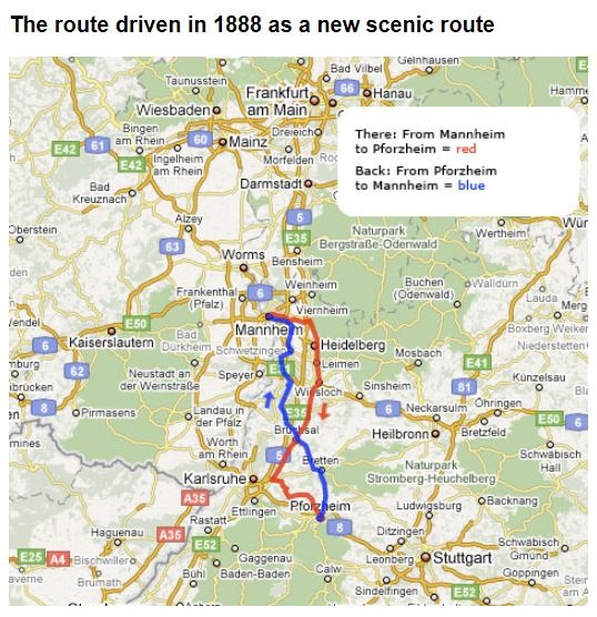 Map of 1888 drive by Bertha Benz