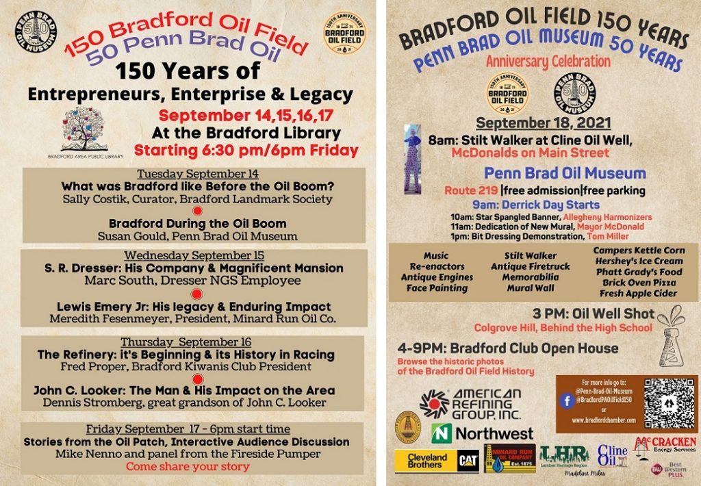 Schedule of events for Bradford Oilfield celebration, September 2021
