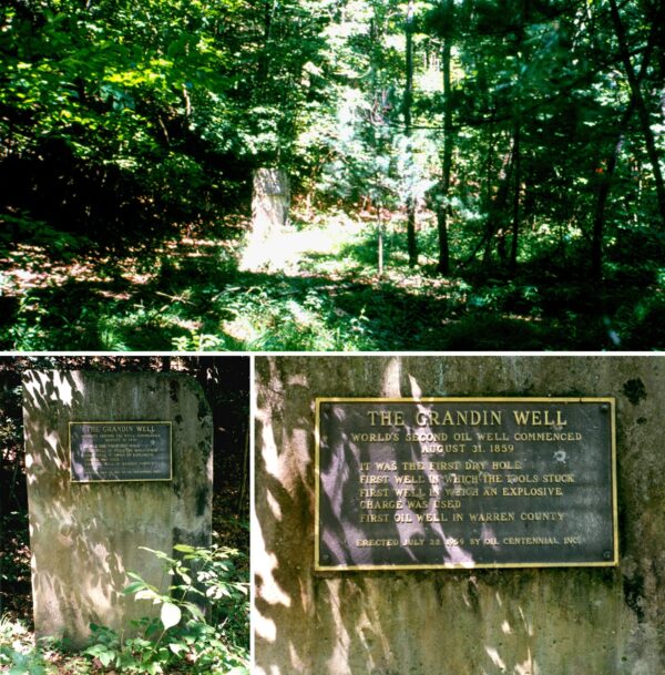 First Dry Hole Centennial 1059 Historical marker in Pennsylvania woods.