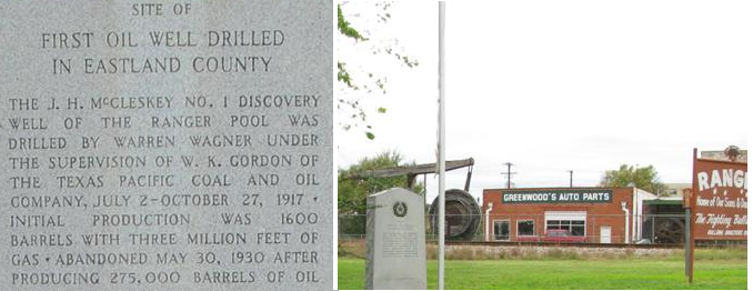 Historic marker at "Roaring Ranger" oil well in Texas.