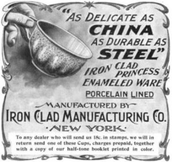 An Iron Clad Manufacturing enameled ware ad in The House Furnishing Review, January 1899.