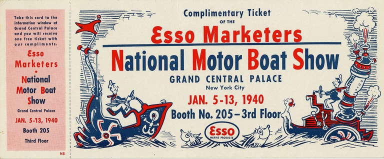 Standard Oil Company Essomarine product promotional card from 1940 National Motor Boat Show in New York City.