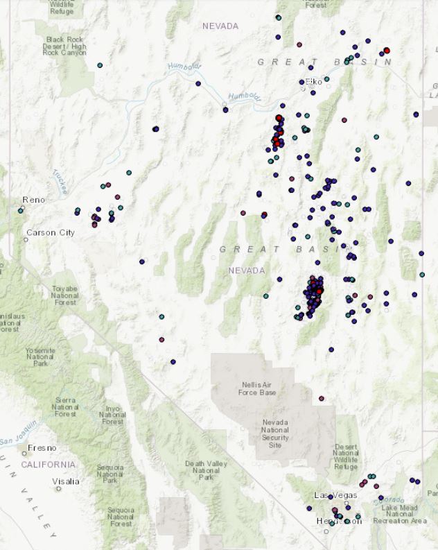 Map of Nevada oil and gas wells in 2013.