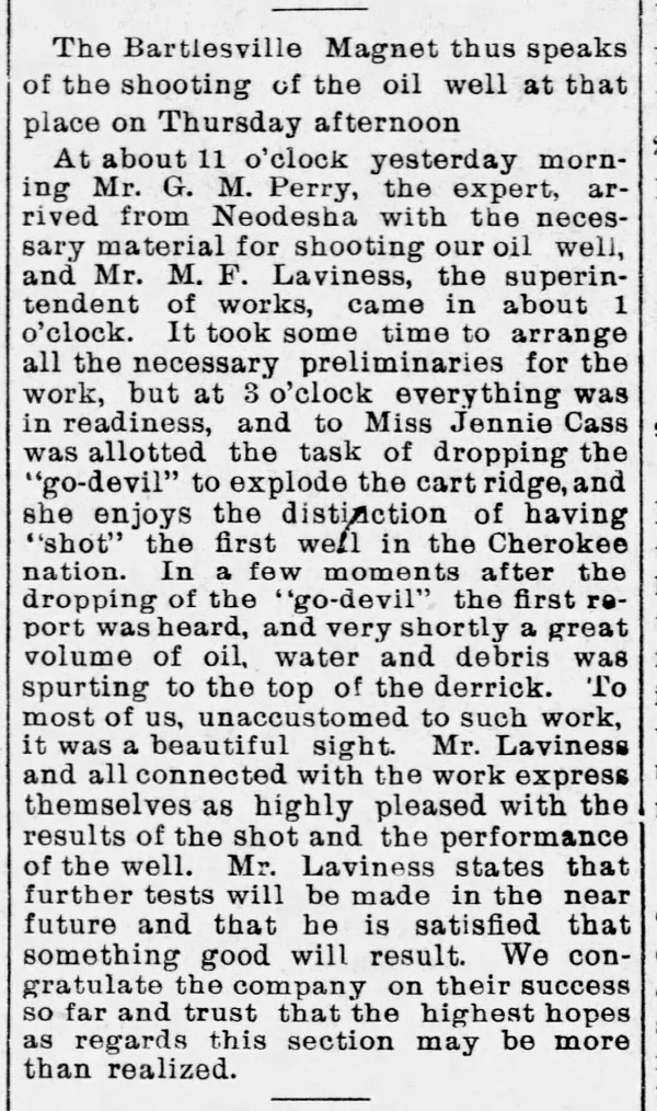 First Oklahoma oil well noted in Neodesha (Kansas) Register, April 2, 1897..