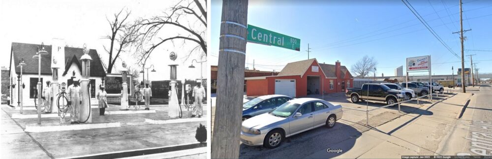 Then and now photos of Phillips Petroleum Company first Phillips 66  gas station in Wichita, KS.