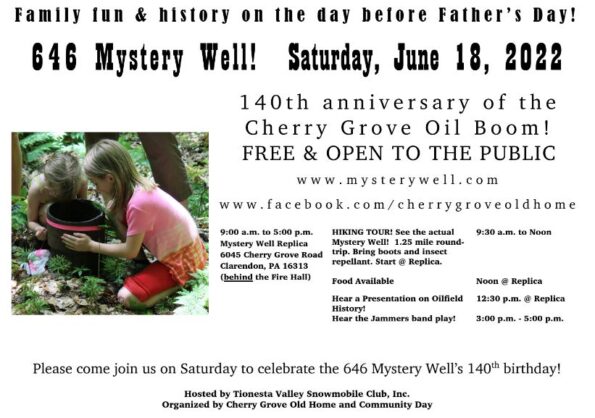 Flyer for June 2022 140th anniversary of "Mystery Well" 646 in Cherry Grove, PA.