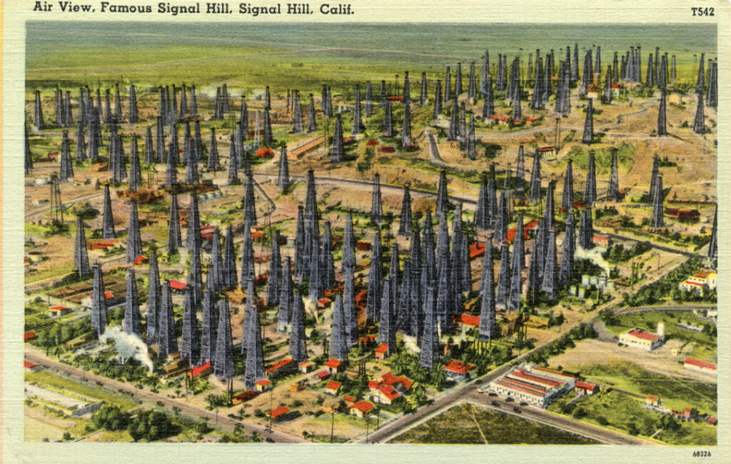 Post card of oil derricks on Signal Hill, CA, circa 1930.